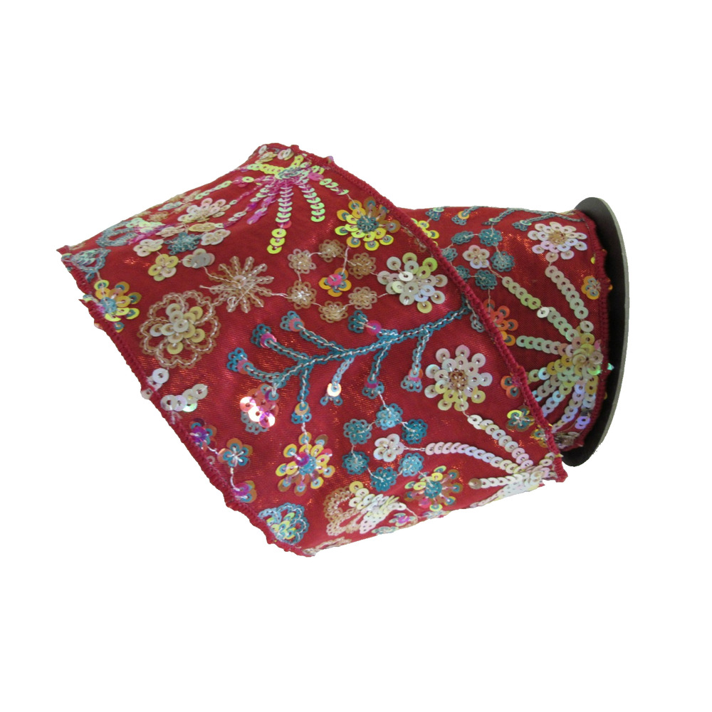 Red Dupion wire edge ribbon Embellished with Sequins Floral Pattern d stevens 4"